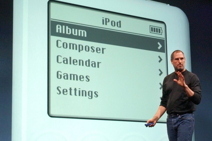 Apple Computer Inc. chief executive Steve Jobs gestures as he introduces the new iPod during Apple's launch of their new online "Music Store" in San Francisco, Monday, April 28, 2003.  (AP Photo)