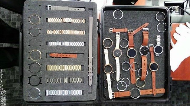 A travel case showing components of a round watch with multiple straps.