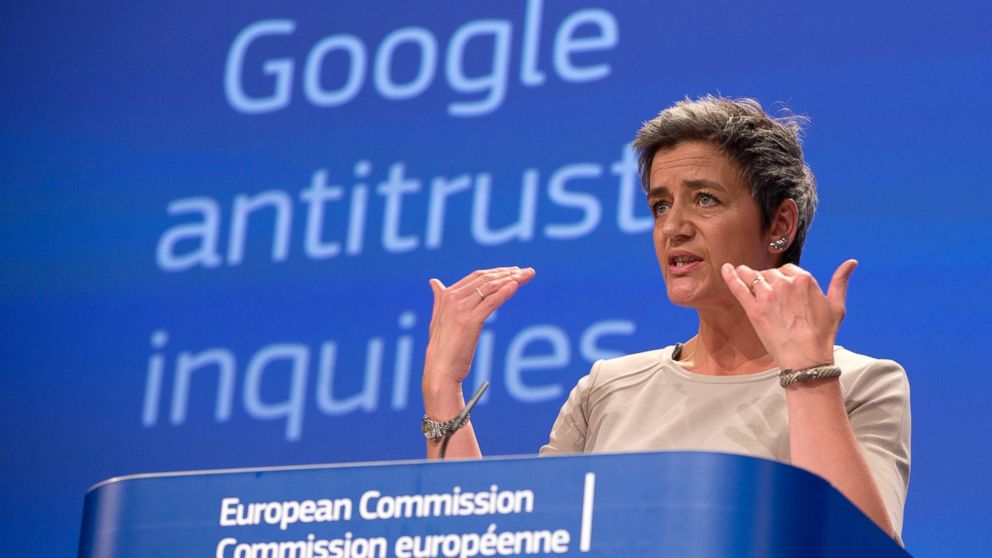 European Union's Competition chief Margrethe Vestager speaks  about Google in a media conference in April, 2015.