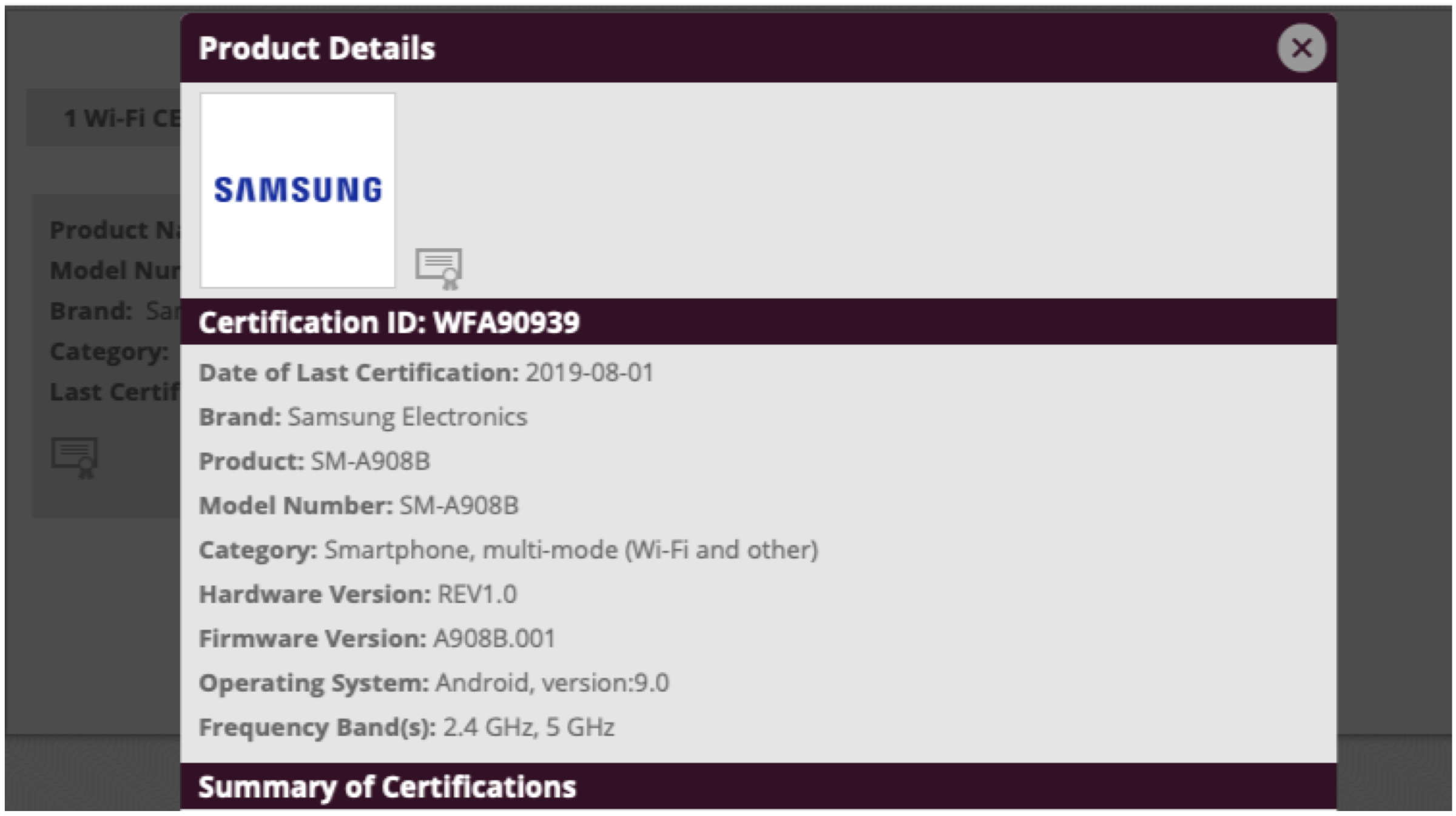 Samsung Galaxy A90 Wi-Fi Certification